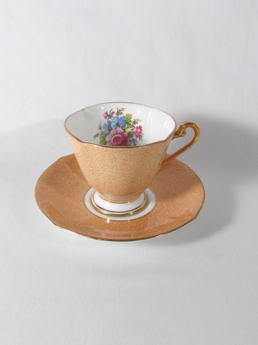 Roslyn Fine Bone China England Teacup Saucer Set Orange Rose Floral Gold Trim